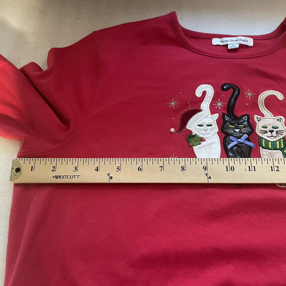Mercer Street Studio Shirt Women Extra Large Red Christmas Cats Applique Holiday - Picture 6 of 13